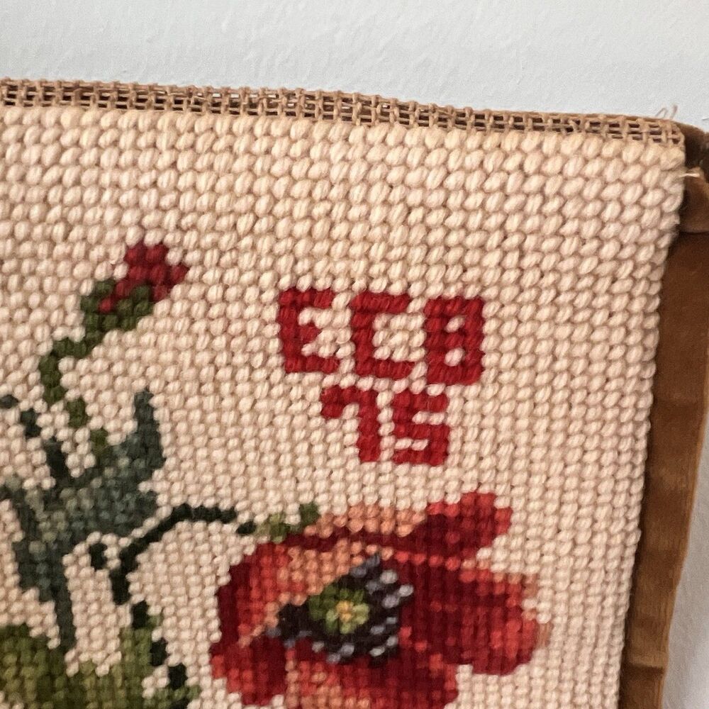 Vtg 7Os Poppies Needlepoint Bell Pull Wall Hanging Tapestry Brass Hardware - Picture 12 of 16